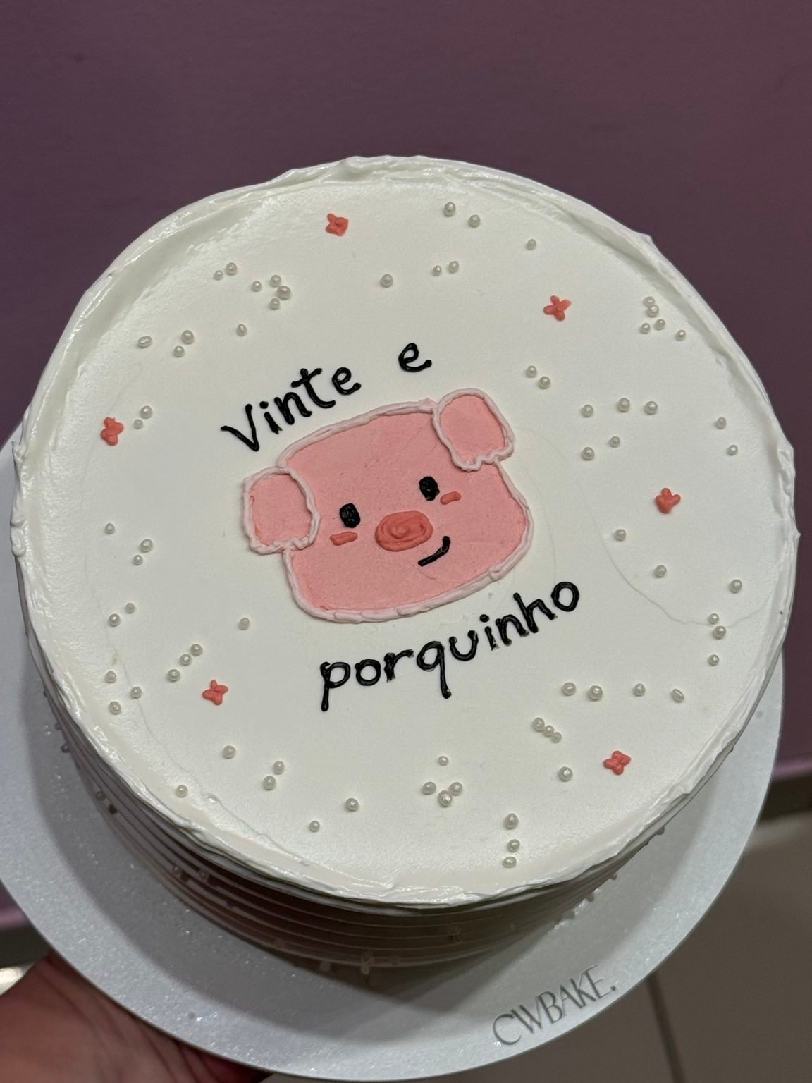 Bolo branco com desenho de porquinho e a frase “Vinte e porquinho”