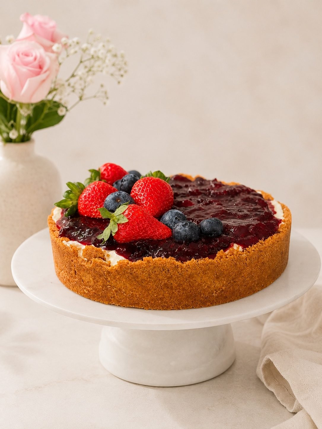 Cheesecake com geleia de frutas vermelhas e morangos frescos no topo