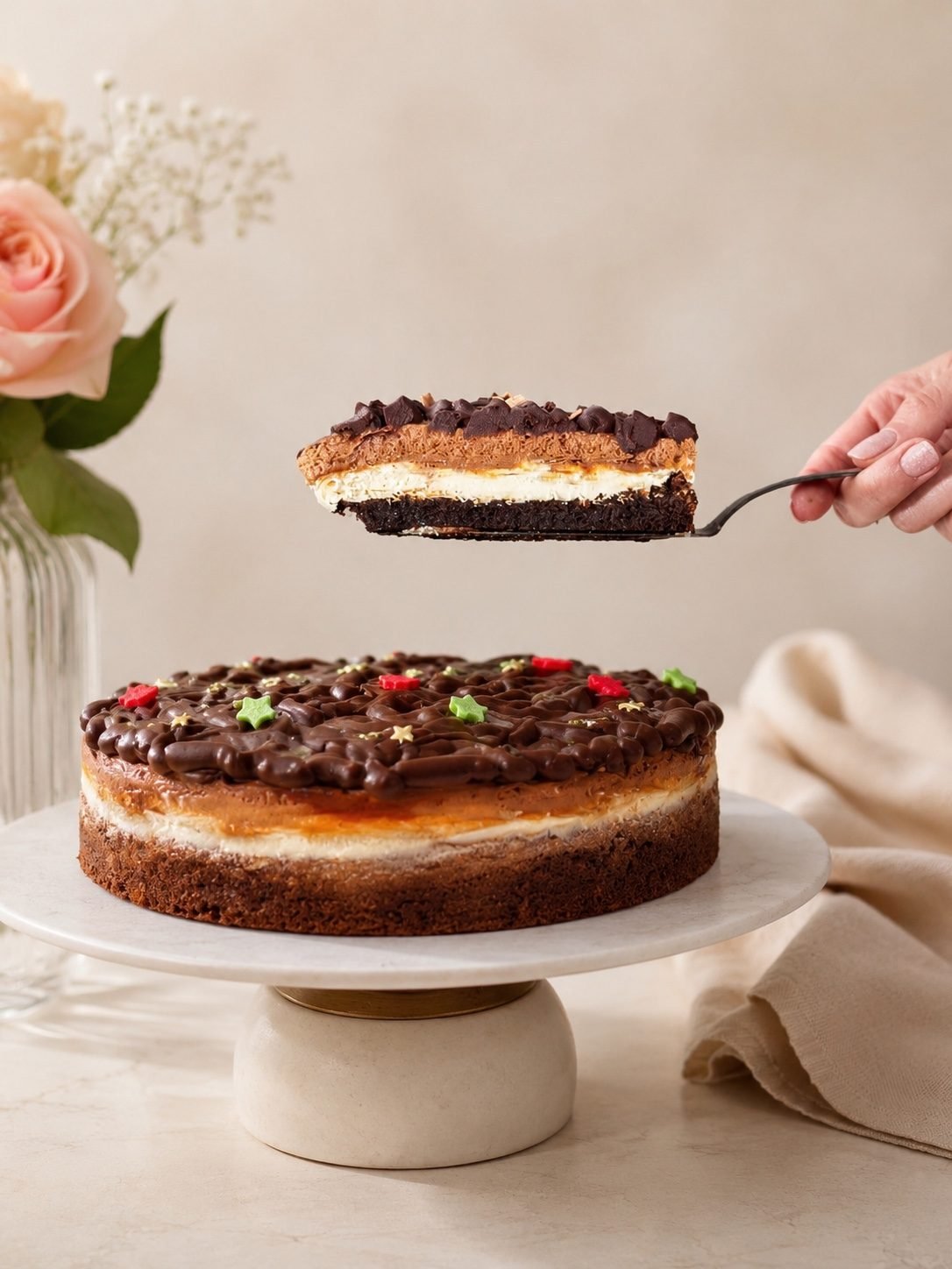 Torta Triplo Chocolate com uma fatia sendo servida